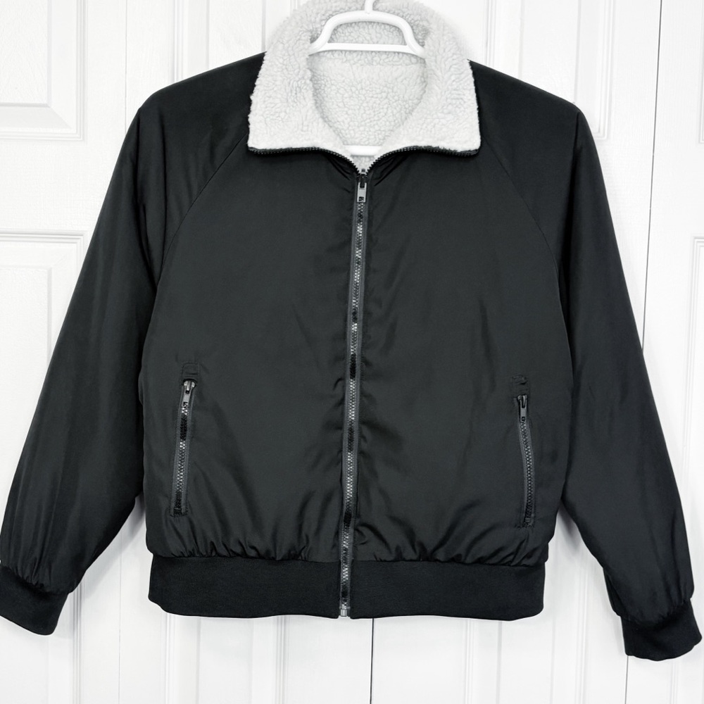Cali 1850 Black Sherpa Fleece Lined Reversible Zip Bomber Jacket Large